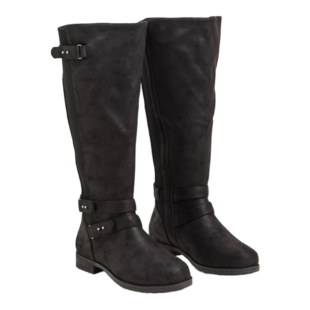 Torrid NWT Black Strappy Knee Boot Wide Calf Size 9.5WW Faux Oil Suede Leg Strap